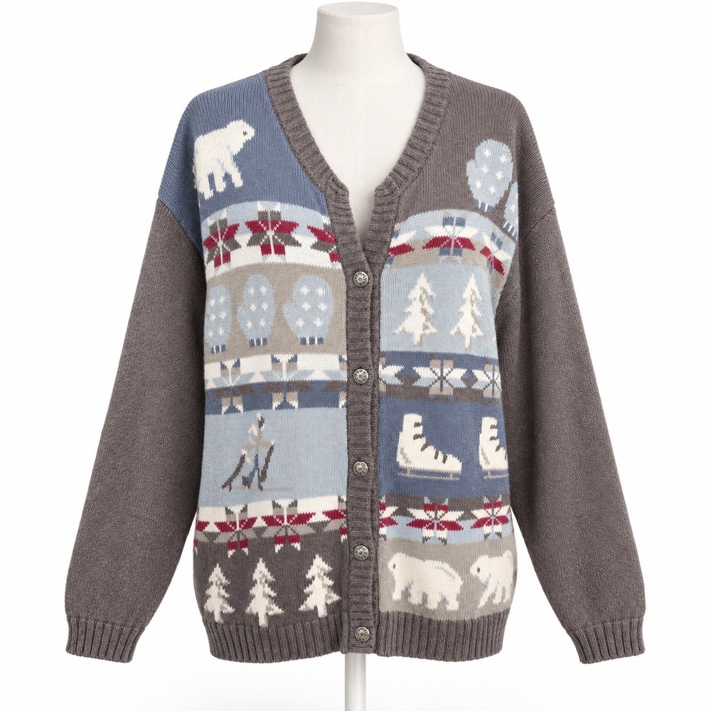 Vintage 90s Winter Polar Bear Ice Skate Cardigan Sz L Cottagecore Novelty Retro